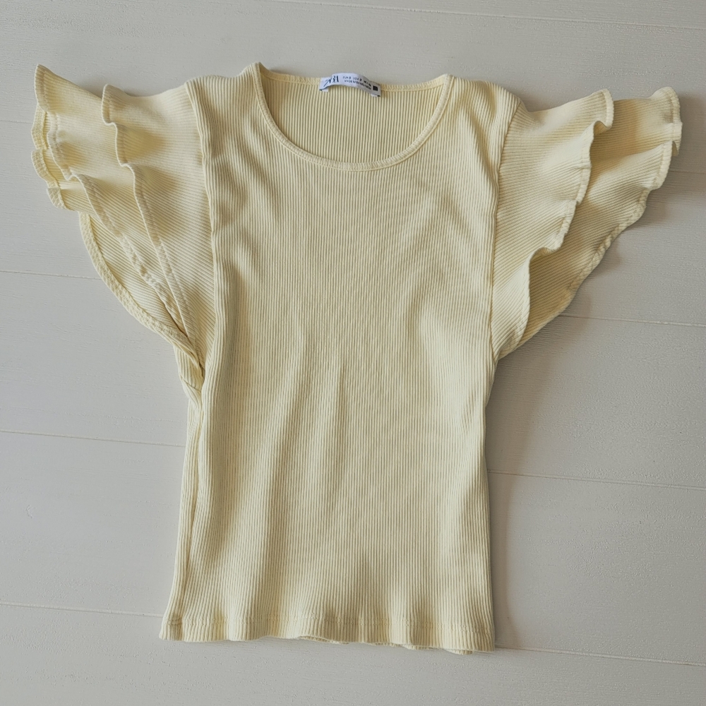 Zara Ruffle Sleeve Ribbed Top - Picture 2 of 8